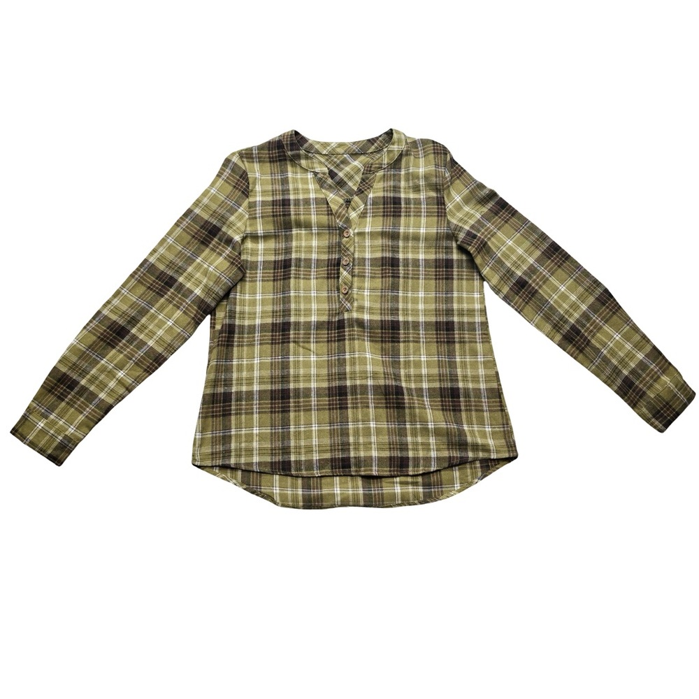 Plaid Henley Blouse Long Sleeve Green Women’s‎ S Plaid Print